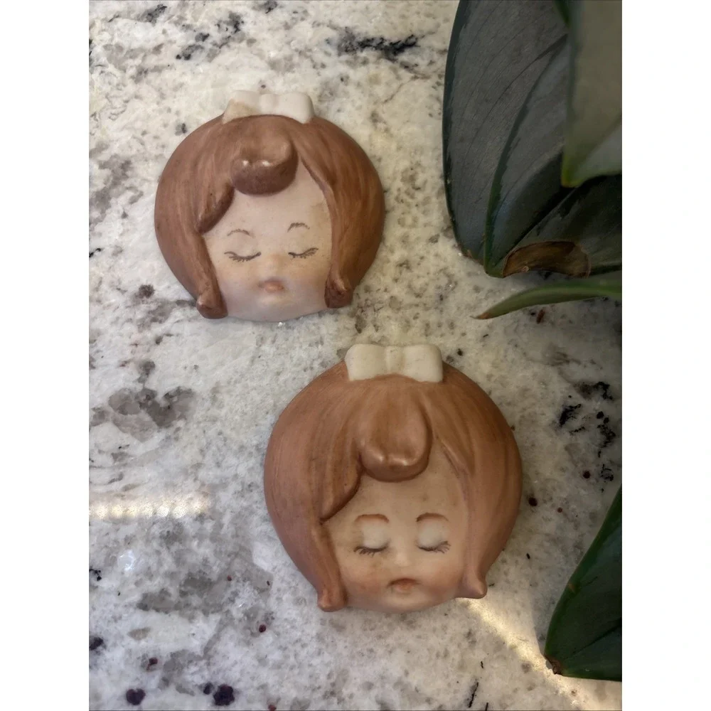 Vintage Hand Painted Ceramic Wall Plaques Baby Face Little Girls Kitschy Decor
